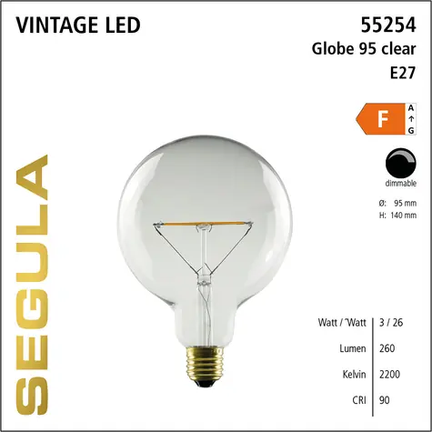 SEGULA LED žiarovka Globe 95 číra 3W / E27 / 260lm / 2200K / stmievateľná