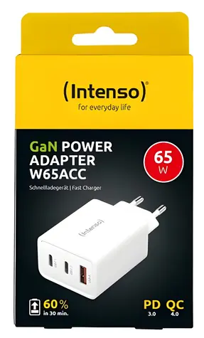 INTENSO Power Adapter biela / Nabíjací adaptér / GaN / 65W / 2x USB-C / 1x USB-A / PD 3.0 / QC 4.0
