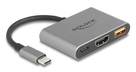 DeLock USB-C (M) - HDMI (F) + USB-A sivá / Adaptér / DP Alt Mód / 4K / 30 Hz / USB PD 90 W
