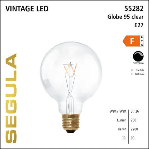 SEGULA LED Globe 95 3W(26W) číra / E27 / 260lm / 2200K / stmievateľné / F