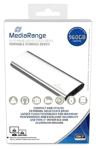 MediaRange 960GB strieborná / Externý SSD / M.2 SATA III / TLC / USB-C / R:450MB/s / W:420MB/s