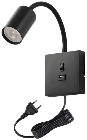 Immax PUNTO čierna / Flexibilné nástenné svietidlo / GU10 / 9W / USB / vypínač