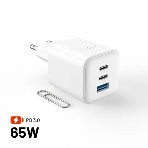 FIXED Mini GaN s 2xUSB-C a USB výstupom podpora PD 65W biela