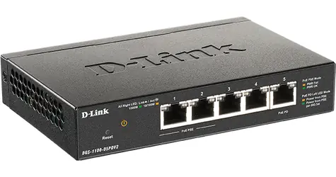 D-Link DGS-1100-05PDV2 / 5- Port Gigabit PoE SMART Switch / napájaný cez PoE / 2x PoE porty