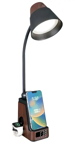 Immax Ideal tmavé drevo, čierna / Stolová lampička / Qi nabíjanie / CCT / 8W / 800lm / budík s hodinami