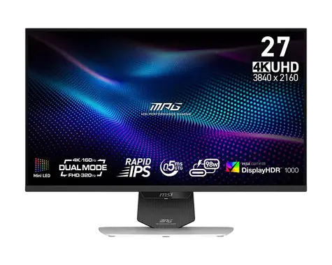 27" MSI MPG 274URDFW E16M biela / Herný monitor / Mini-LED / IPS / 4K UHD / 160Hz / 0,5ms / 2x HDMI + DP + USB-C / VESA