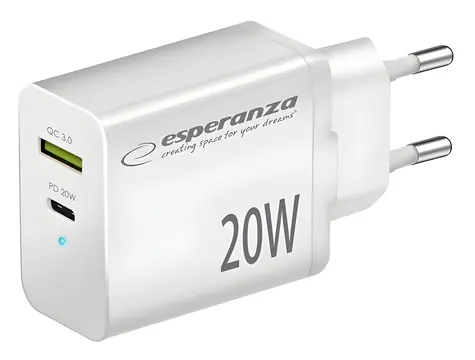 Esperanza EZC105W biela / Nabíjací adaptér / 20 W / Quick Charge 3.0 / USB-C + USB-A