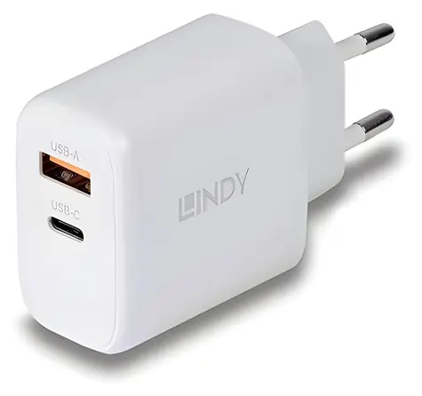 Lindy GaN nabíjačka 65W biela / Sieťová nabíjačka / 1x USB-C / 1x USB-A / PD 3.0 / PPS
