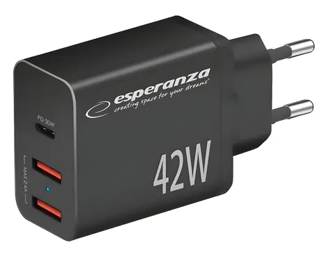 Esperanza EZC106K čierna / Sieťová nabíjačka / 42 W / Power Delivery / 1x USB-C / 2x USB-A
