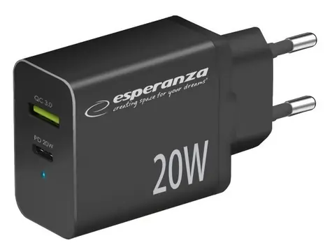 Esperanza EZC105K čierna / Nabíjací adaptér / 20 W / USB-C + USB-A / Quick Charge 3.0