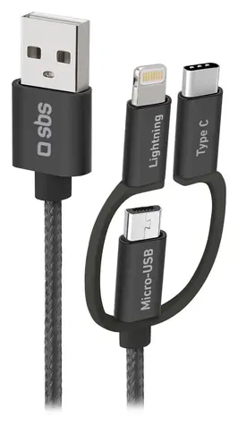 SBS čierna / Kábel 3v1 USB-A na Lightning & USB-C & Micro-USB / 1,2 m