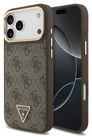 Guess PU Leather 4G Strass Triangle Logo Gold Frame Brown / Zadný kryt / MagSafe / iPhone 17 Pro Max