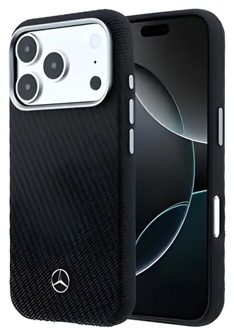 Mercedes PU Leather Wood Semi Wrap čierna / Zadný kryt / MagSafe / pre iPhone 17 Pre Max / PU koža