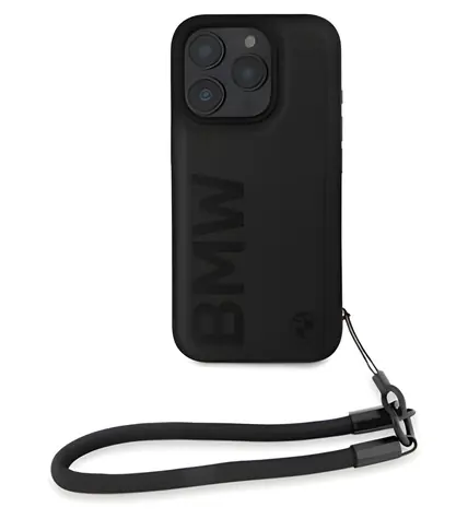 BMW Leather Signature and Strap čierna / Zadný kryt / iPhone 16 Pro / pravá koža / nylonové pútko