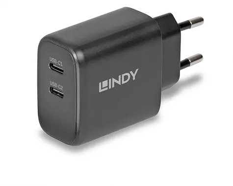 Lindy GaN 65W čierna / Nabíjačka / 2x USB-C / Power Delivery 3.0 / GaN
