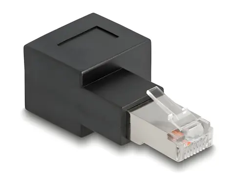 DeLock / Adaptér RJ45 zástrčka-zásuvka 90 ° / Cat.6A / pozlátené kontakty / čierna