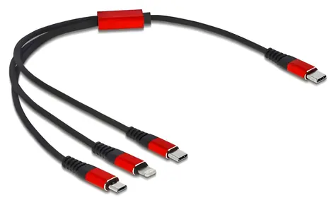 DeLock USB-C čierna, červená / Napájací kábel 3v1 / USB-C na Micro-USB, USB-C, Lightning / 0,3 m