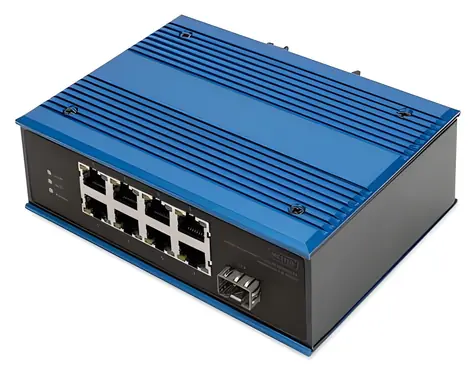 Digitus DN-651133 modrá / Switch / Priemyselný / 8x 10/100 PoE / 1x SFP / DIN lišta