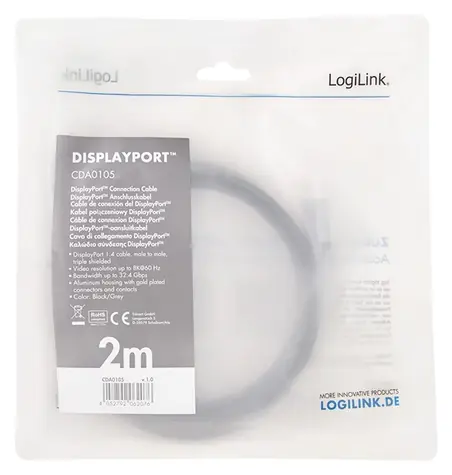 LogiLink DisplayPort 1.4 čierno-šedá / Kábel DisplayPort / 2 m / 8K/60 Hz