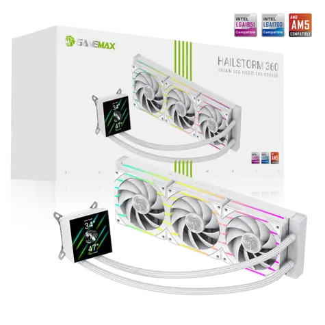 Gamemax HAILSTORM 360 LCD biela / Komplet vodného chladenia CPU / 360 mm / LCD displej