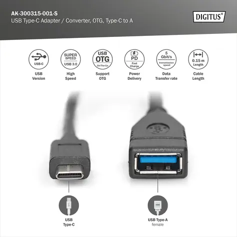 Digitus USB-C na USB-A kábel čierny / Dátový kábel / USB 3.0 / 1 m / 3 A / 5 Gbps