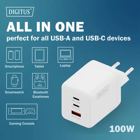 Digitus GaN 100W / Sieťová nabíjačka / 2x USB-C / 1x USB-A