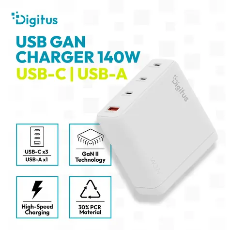 Digitus GaN nabíjačka 140W / Sieťová nabíjačka / 3x USB-C / 1x USB-A