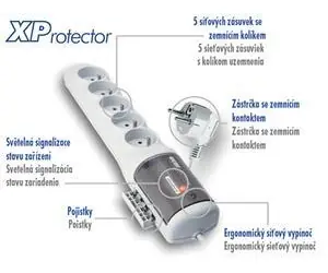 Acar XProtector biela / Predlžovací prívod / 230V / 5 zásuviek / 3 m / vypínač / prepäťová ochrana