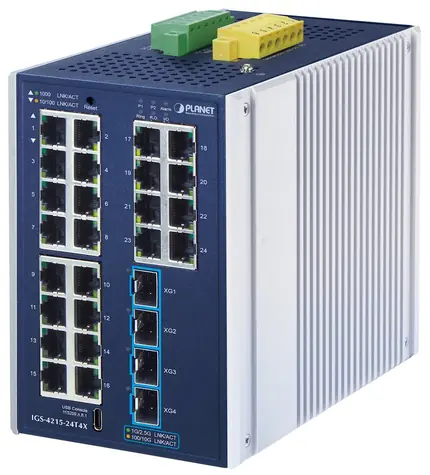 Planet IGS-4215-24T4X / Switch priemyselný / 24x 1Gb RJ-45 / 4X 10Gb SFP+ / IP30 / -40 až 75 ° C / fanless