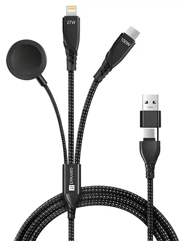 Connect IT Wirez 6in1 čierna / Nabíjací a dátový kábel / USB-C / Lightning / pre hodinky / 1,25 m / 100 W