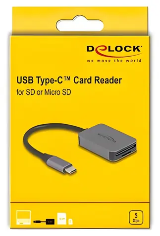 DeLock USB-C čítačka kariet SD/microSD šedá / Čítačka kariet / USB-C 3.2 Gen 1 / 5 Gbps