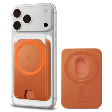 Spigen Valentinus MagFit+ metalická oranžová / Držiak na karty / MagSafe / 3 karty / PU koža