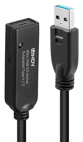 Lindy USB 3.0 aktívna predlžka Typ A 20 m čierna / Predlžovací kábel USB / USB 3.2 Gen 1 / 5 Gbit/s