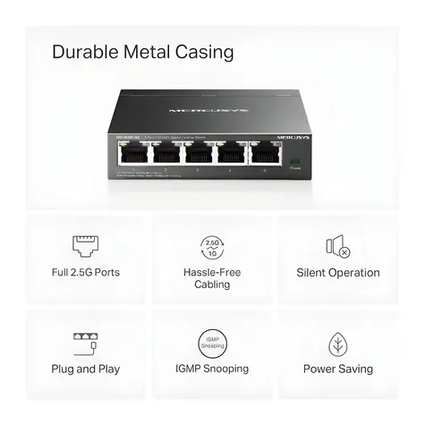 Mercusys MS105GS-M2 / 5-portový switch / 2,5 Gbps / Desktop / kovové telo / bez ventilátora