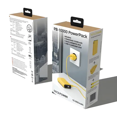 RealPower PB-10000 Set žltá / Powerbanka 10000 mAh / LED displej / USB-C PD / 22,5 W / vr. nabíjačky a kábla