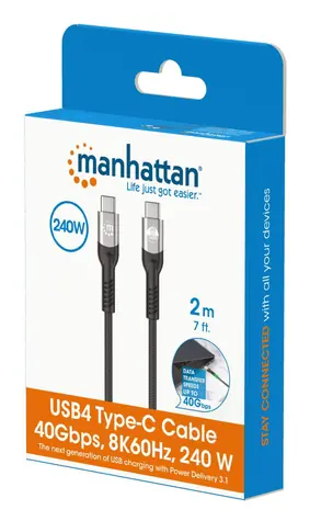 Manhattan nabíjací kábel USB-C - USB-C 2 m čierny / Kábel / USB4 / 240 W PD 3.1 / 40 Gbit/s / Thunderbolt 4