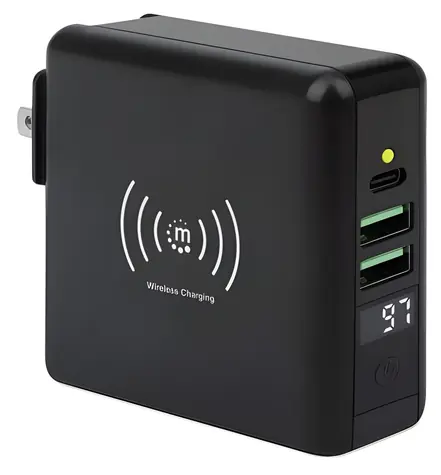 Manhattan 4v1 cestovná nabíjačka a powerbanka čierna / Powerbanka / 8000 mAh / Bezdrôtové nabíjanie / USB-C, 2x USB-A
