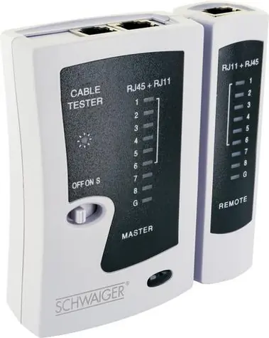Schwaiger tester káblov RJ45/RJ11 biela / Tester káblov / RJ-45 & RJ-11 / LED indikácia