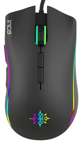 INCA IMG-349 čierna / Drôtová herná myš / optická / 6400 DPI / 7 tlačidiel / RGB / USB / 1.6m