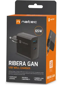 Natec Ribera GaN čierna / Nabíjačka / GaN / 65 W / 1x USB-A / 1x USB-C