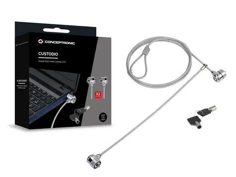 Conceptronic zamykací kábel k notebooku s dvojitým zámkom / Zamykací kábel / 1,5 m / priemer 4 mm / 2x kľúč / strieborná