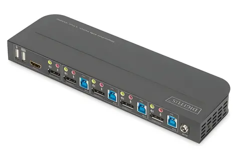 Digitus KVM Switch 4- Port / Prepínač KVM / 4X DisplayPort / 1x DP + HDMI výstup / 4K60Hz / USB 3.0 hub