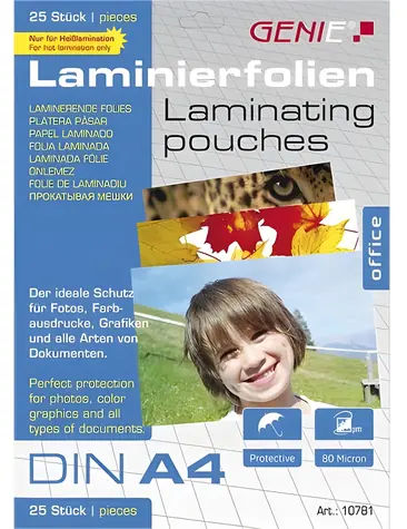 GENIE Laminovacie fólie A4 / Laminovacie fólie / 25 ks / Vodeodolné