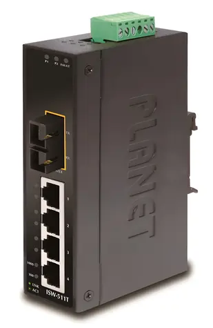 Planet ISW-511T / Switch priemyselný / 4X 100Mb RJ-45 / 1x 100FX multi-mode / Unmanaged L2 / -40 až 75 °C