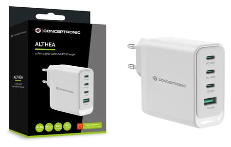 Conceptronic ALTHEA22W100 biela / USB nabíjací adaptér / 3x USB-C / 1x USB-A / 100 W / GaN / PD 3.0, PPS
