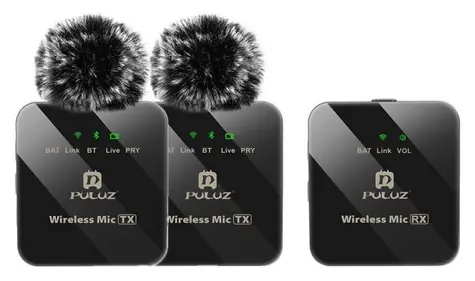 Puluz PU3154B / Bezdrôtový klopový mikrofón / 2 vysielače + 1 prijímač / Bluetooth / dosah 10 m