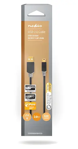 Nedis USB 2.0 kábel antracit / Kábel USB / USB-A - Mini-B 5 pin / 480 Mbps / 2 m