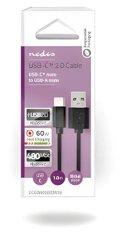 Nedis USB-A - USB-C kábel čierna / Kábel USB / USB 2.0 / 15 W / 480 Mbps / 1 m