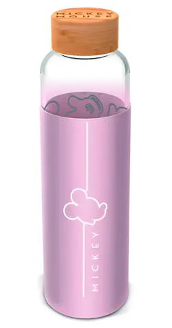 STOR Sklenená fľaša s návlekom Mickey Mouse 585 ml / Fľaša na pitie / Silikónový návlek / Sklo
