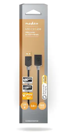 Nedis USB 2.0 predlžovací kábel antracitová / USB-A (M) - USB-A (F) / 480 Mbps / pozlátené konektory / 2 m